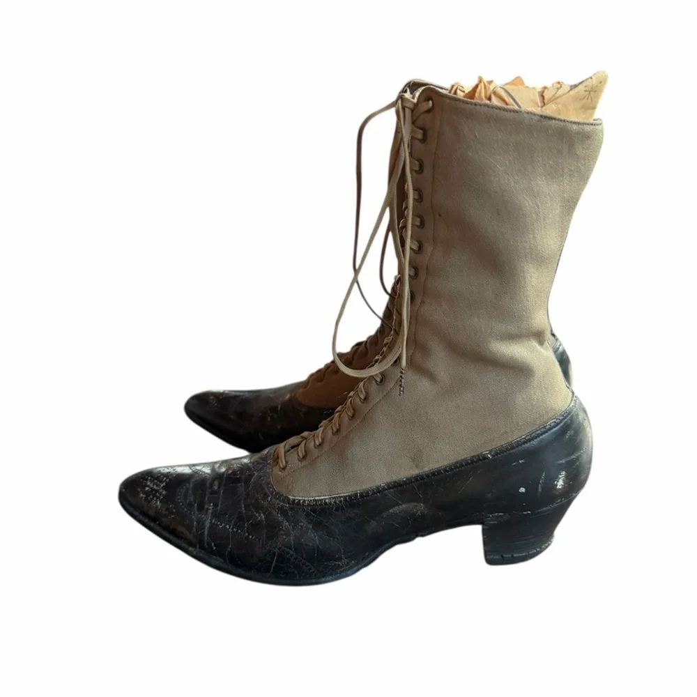Late Victorian/Edwardian 1890-1910s High-Top Lace-Up Canvas‎ Upper Shaft Louis H